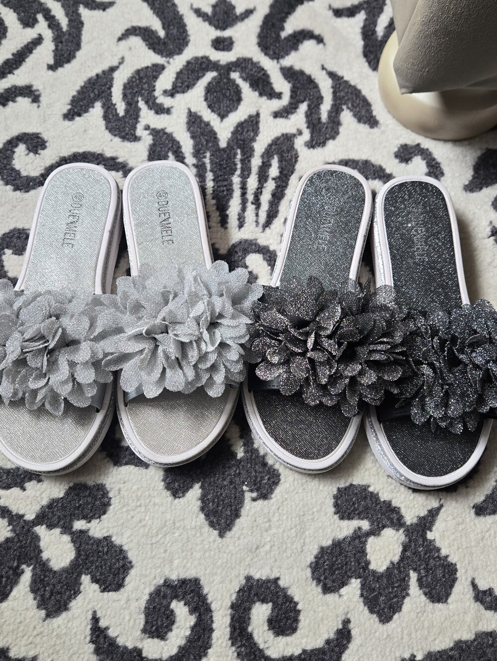 Sparkle Flower Slide Sandals in Silver and Black (2 Pair-1 Price)